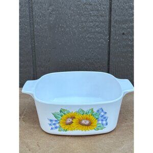 Vintage Sunsations Corning Ware Ceramic Baking Dish Sunflower Blue Gingham 1.5 L